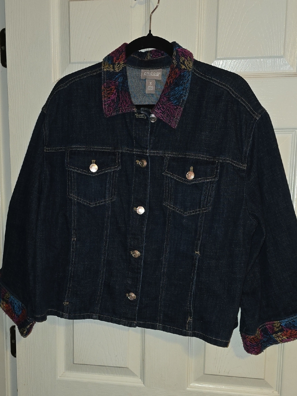 Chico's Dark Blue Jean Jacket with‎ Multicolor Knit Collar & Cuffs